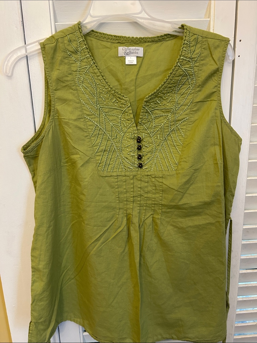 Christopher & Banks Olive Green Sleeveless Embroidered V-Neck Tank